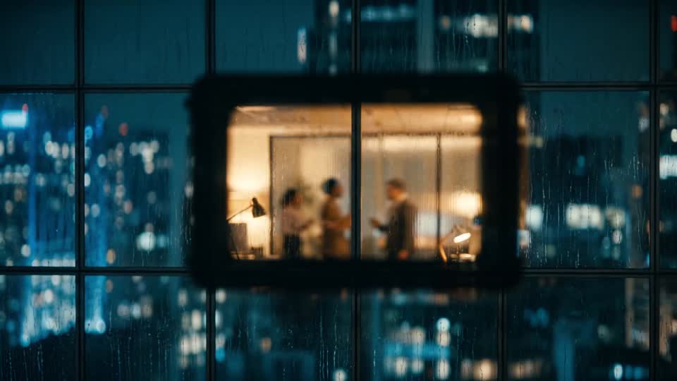 The view moving through a window into an open plan office where people are still working