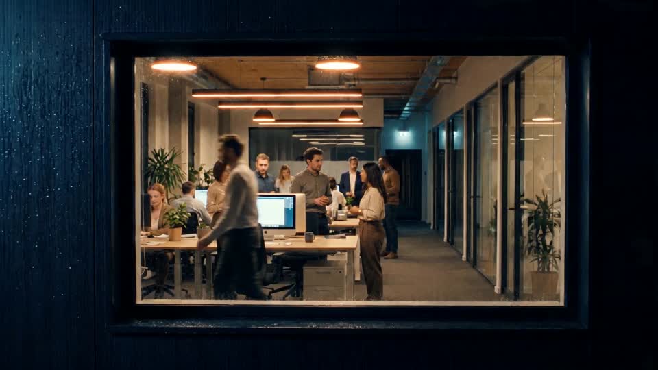 Travelling down the office towards a closed door with warm light behind it