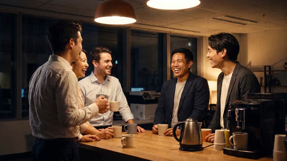 Leaving the group behind to find one colleague working alone at his desk