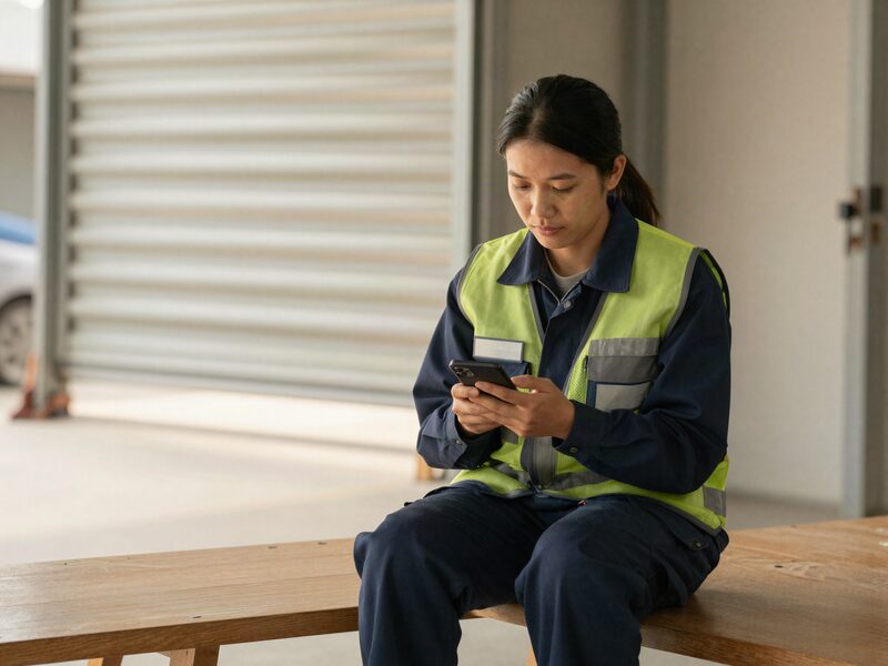 A worker in a hi-vis vest sitting on a bench during a break, looking at her phone