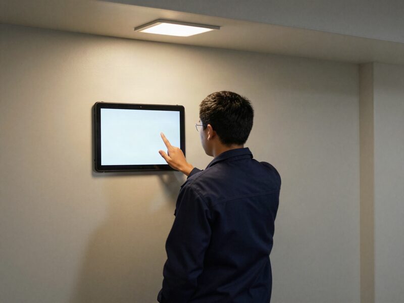 A worker using a tablet mounted on a break room wall