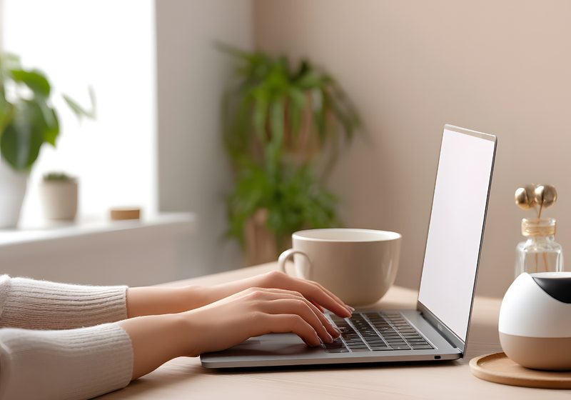 A person taking a quiet moment at their desk with a warm drink