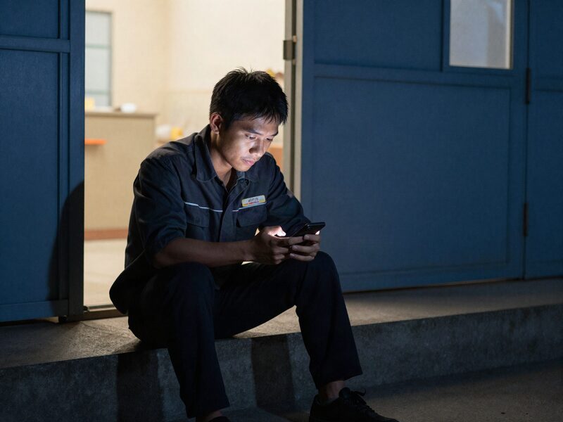 A worker sitting on steps outside a building at night, the light of a phone screen on his face